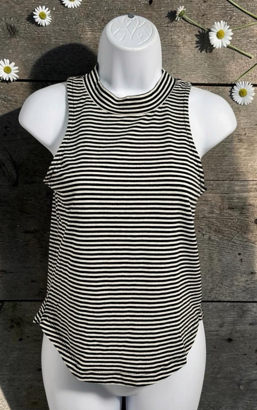 Madewell Sleeveless Top Sz XXS Black White Striped Tee Mock Neck Blouse Shirt